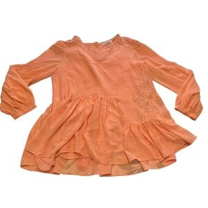 Soft Surroundings Top Small Carte Blanche Sheer Boho Peach Pintuck Embroidered